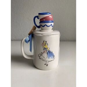 RAE DUNN Disney ALICE IN WONDERLAND “MAD TEA PARTY” Double Sided Mug W/ Topper